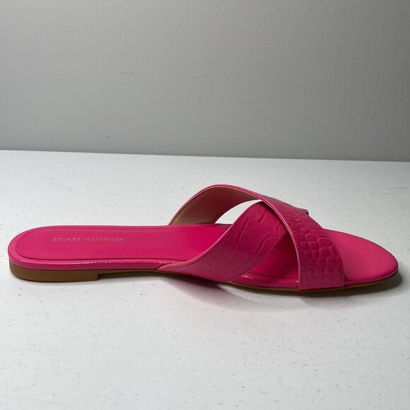 Stuart Weitzman Roza Flat Slide Sandal Pink Croc Embossed Leather 10.5 - Picture 11 of 13